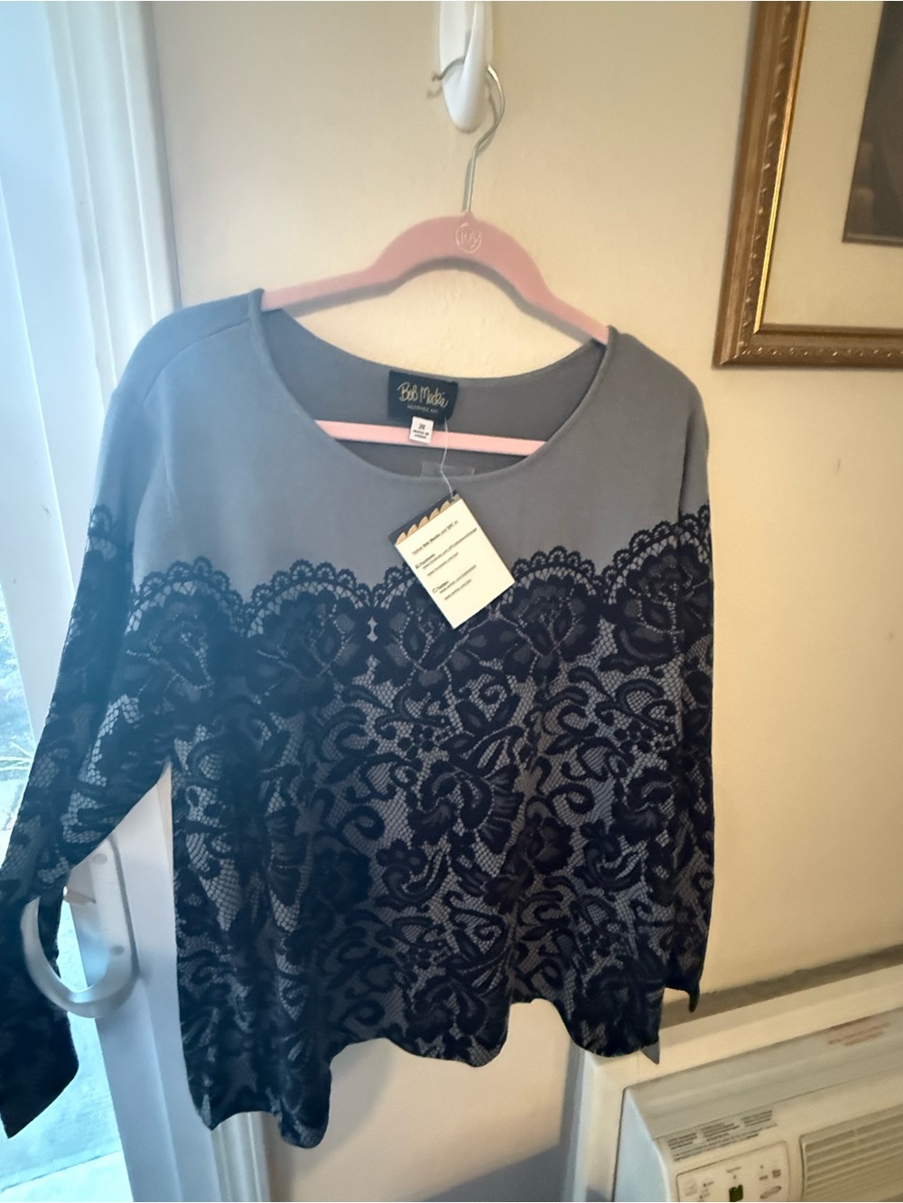 Bob Mackie Slate Gray Top with Black Lace Motif